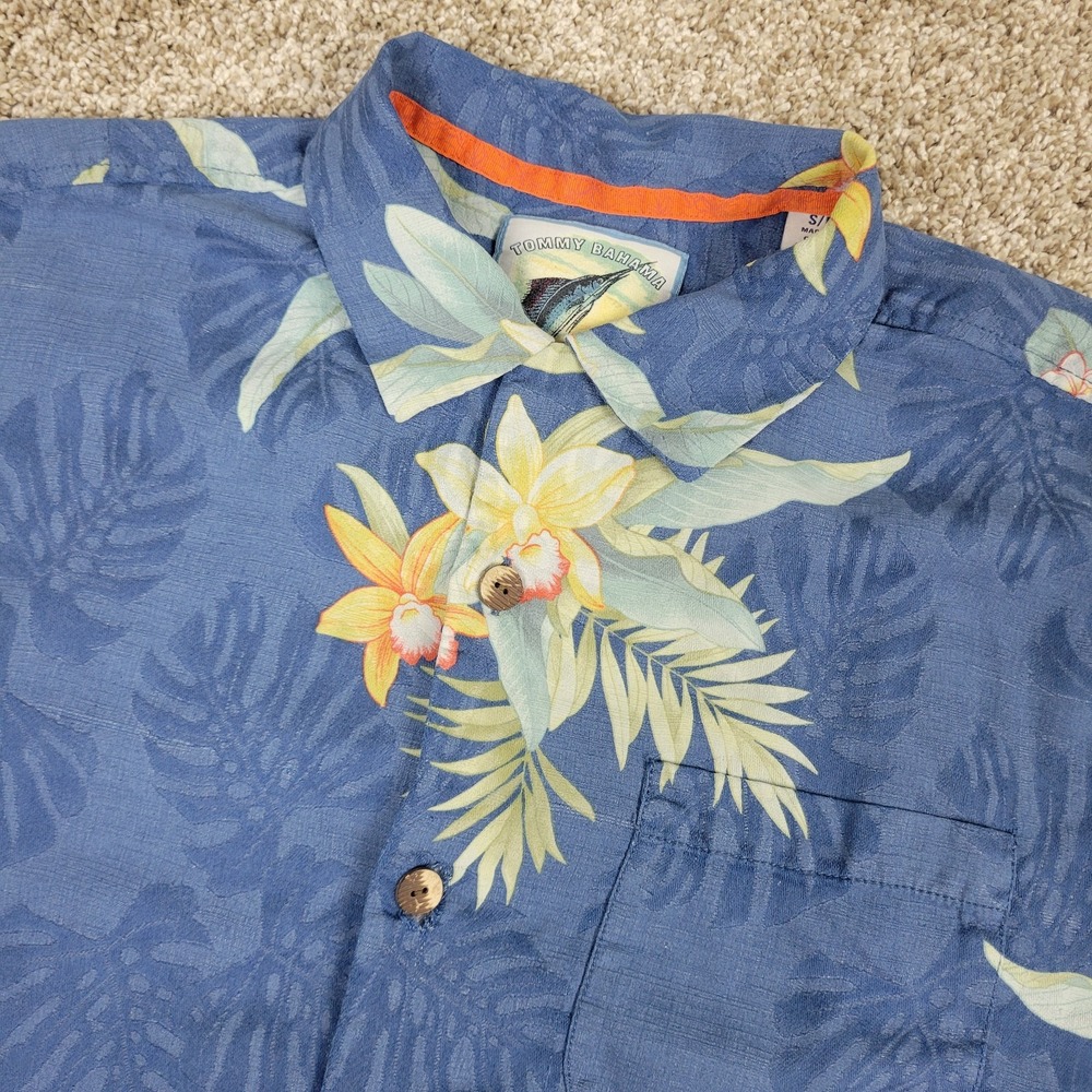 Tommy Bahama Mens Small Blue AOP Floral Hawaiian Camp SS 100% Silk